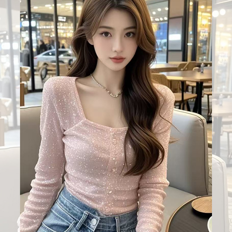 辣妹纯欲风粉色甜美长袖打底衫女洋气减龄内搭甜辣妹短款上衣