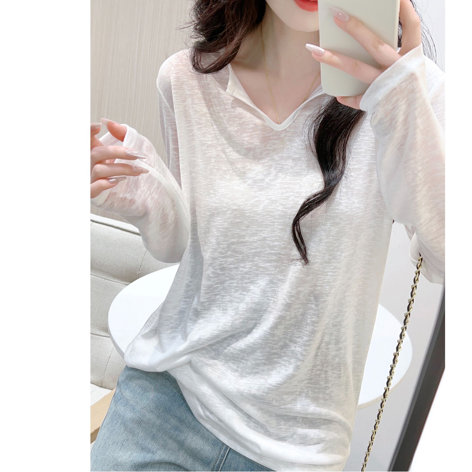 白色雪花棉V领长袖T恤女春夏季显瘦宽松防晒衫慵懒松弛感罩衫上衣