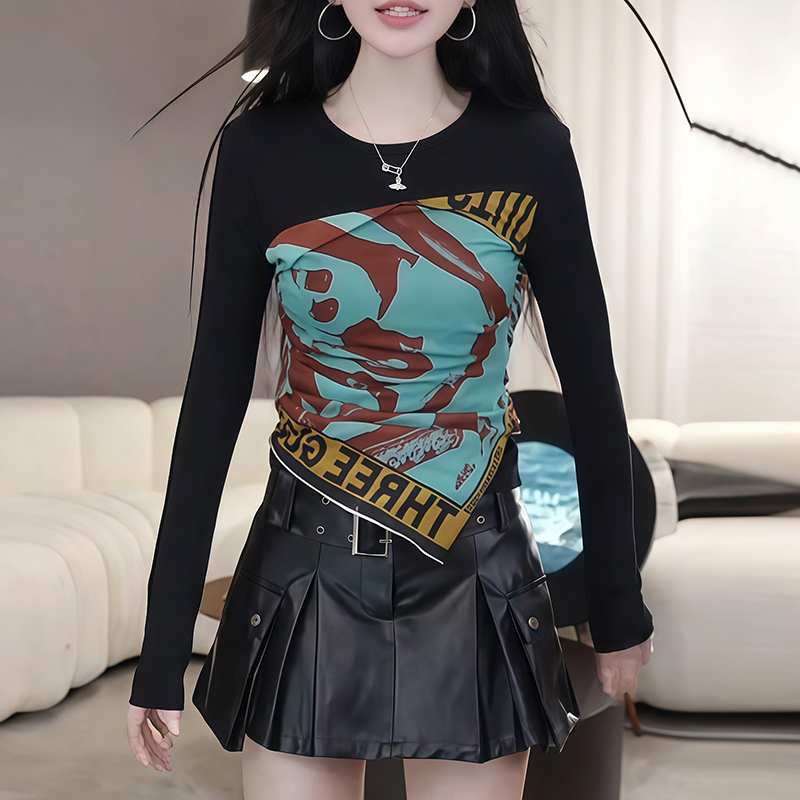 7052高级感印花长袖T恤女装秋季新款小众设计感上衣