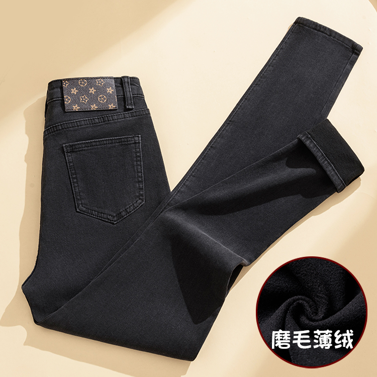 烟灰色加绒牛仔裤女小脚裤子抓毛加厚高腰弹力2025冬季铅笔裤长裤