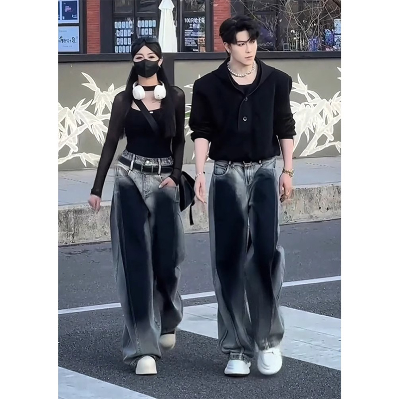 蓝色扎染渐变弯刀牛仔裤男款美式复古情侣裤子高街宽松阔腿直筒裤