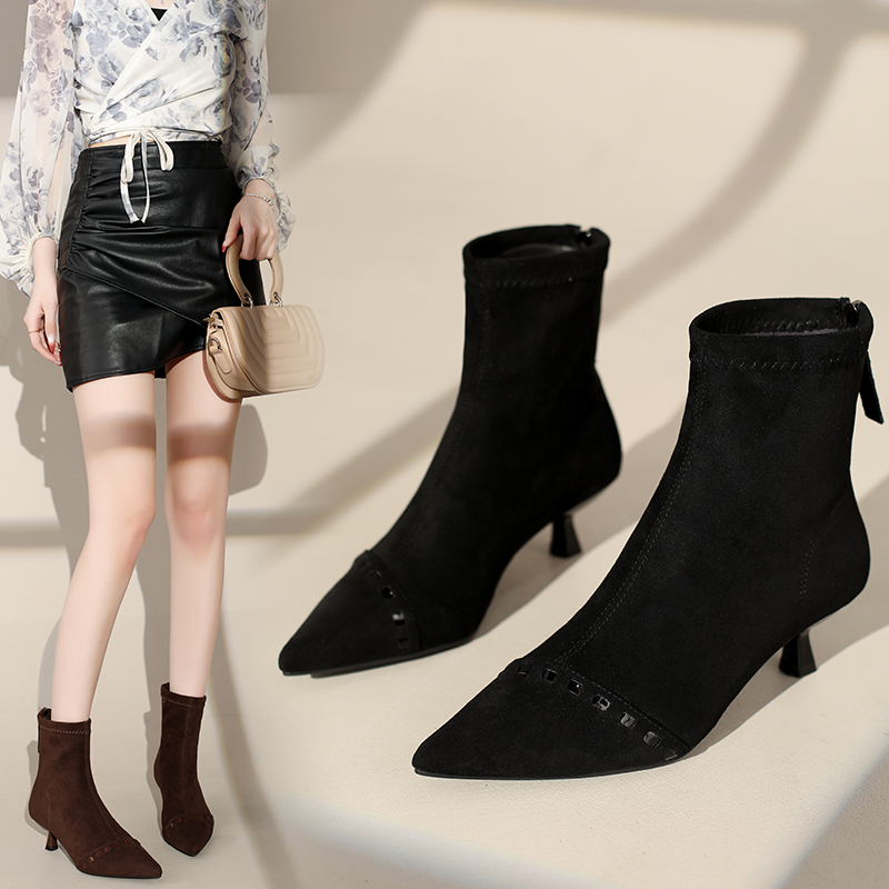尖头短靴女2025秋冬季新款女靴后拉链靴子短筒靴高跟鞋气质瘦瘦靴