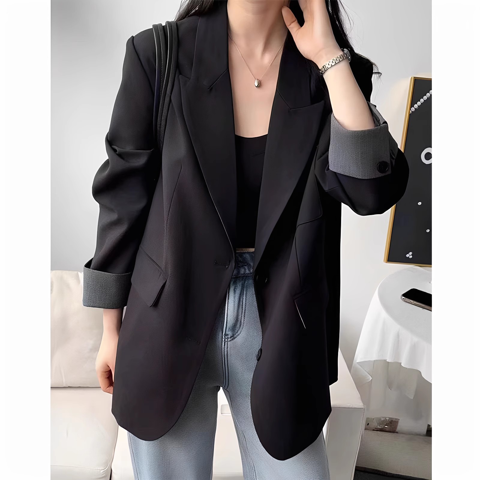 西装外套女2025春季新款韩版时尚中长款高级气质袖口拼色女装上衣