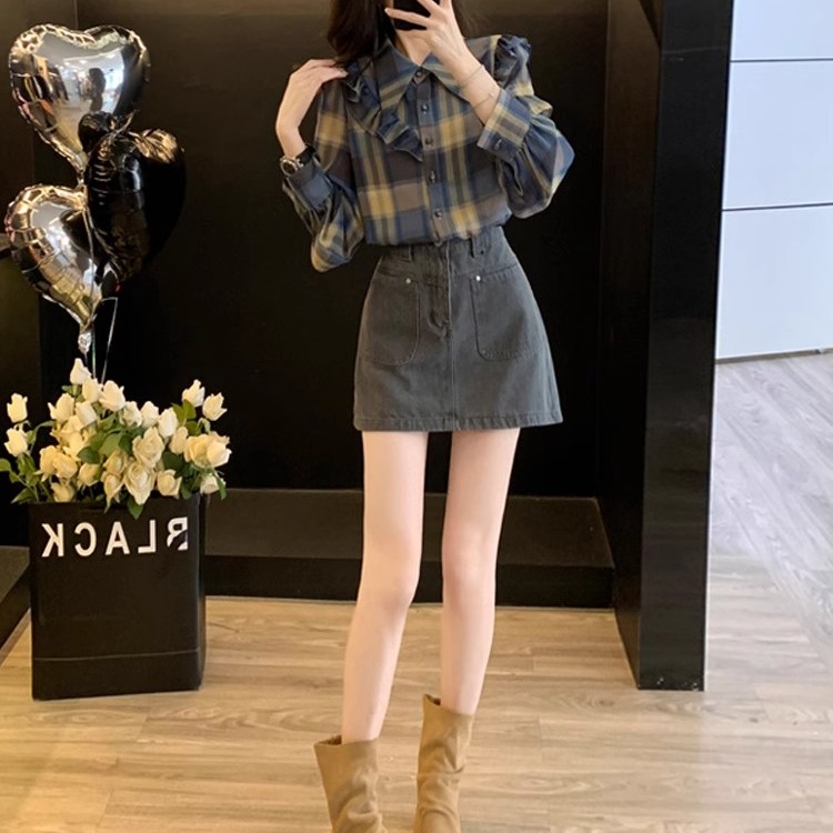 出游服装女一整套ootd穿搭早秋韩系复古减龄格子长袖衬衫牛仔外套