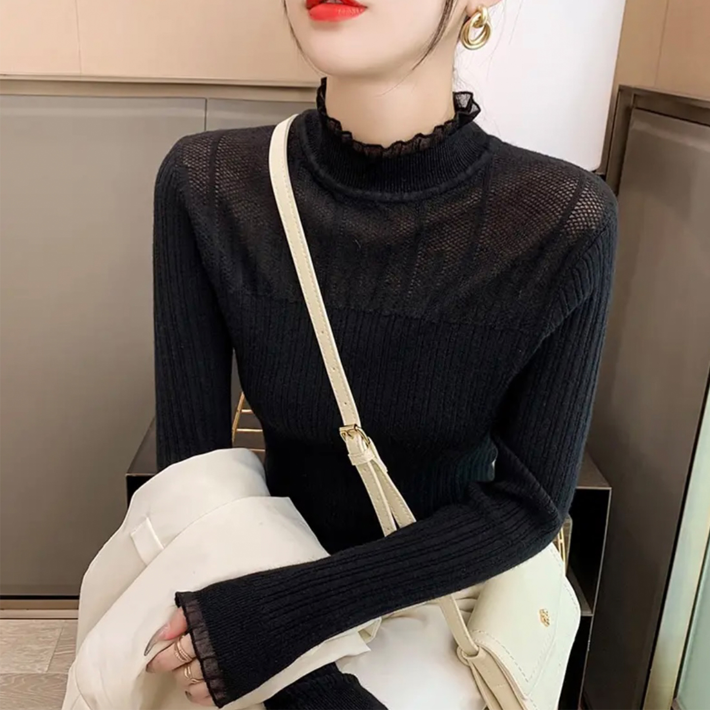 哥弟阿玛施正2025秋冬新款长袖蕾丝内搭洋气针织打底衫镂空上衣