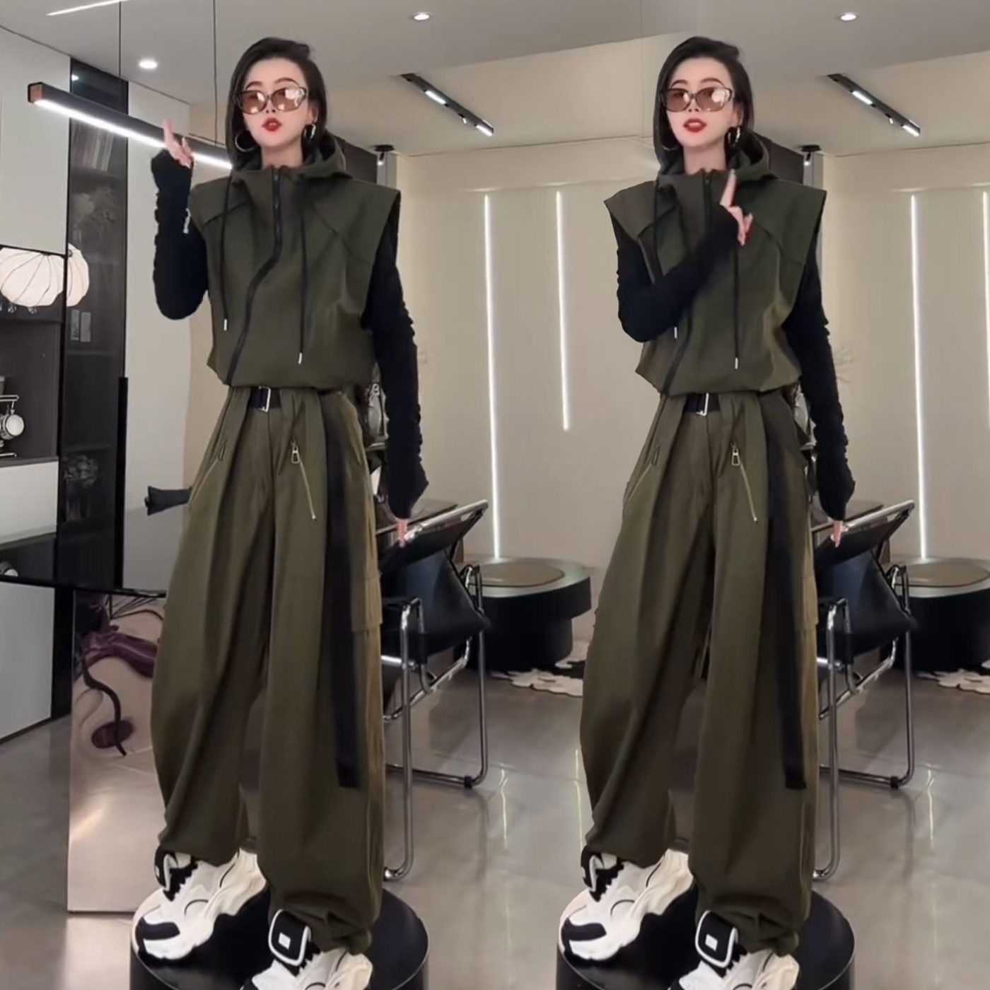 新款休闲运动服套装女2025春秋潮流洋气连帽马甲外套阔腿裤两件套