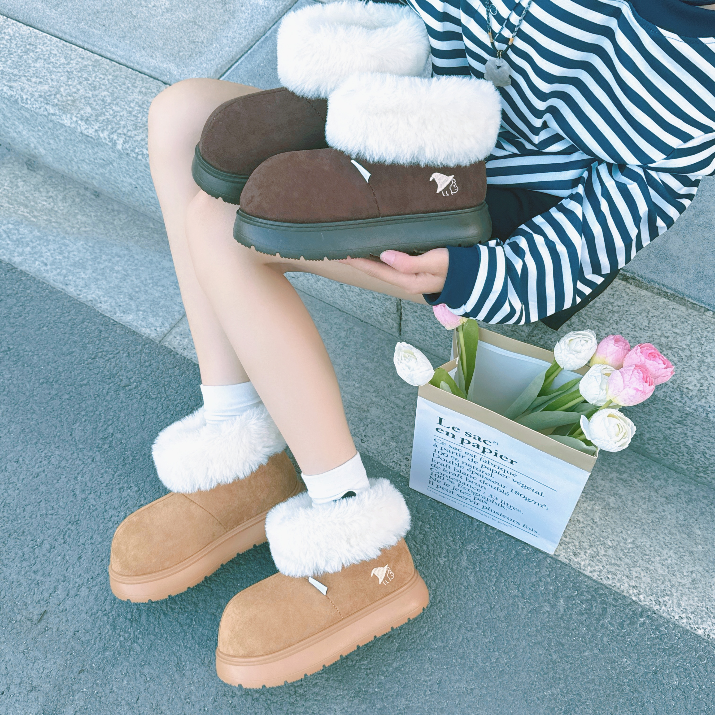 巫六七【原创新品】卡皮巴拉雪地靴女2025冬季加绒短靴时尚厚底棉鞋