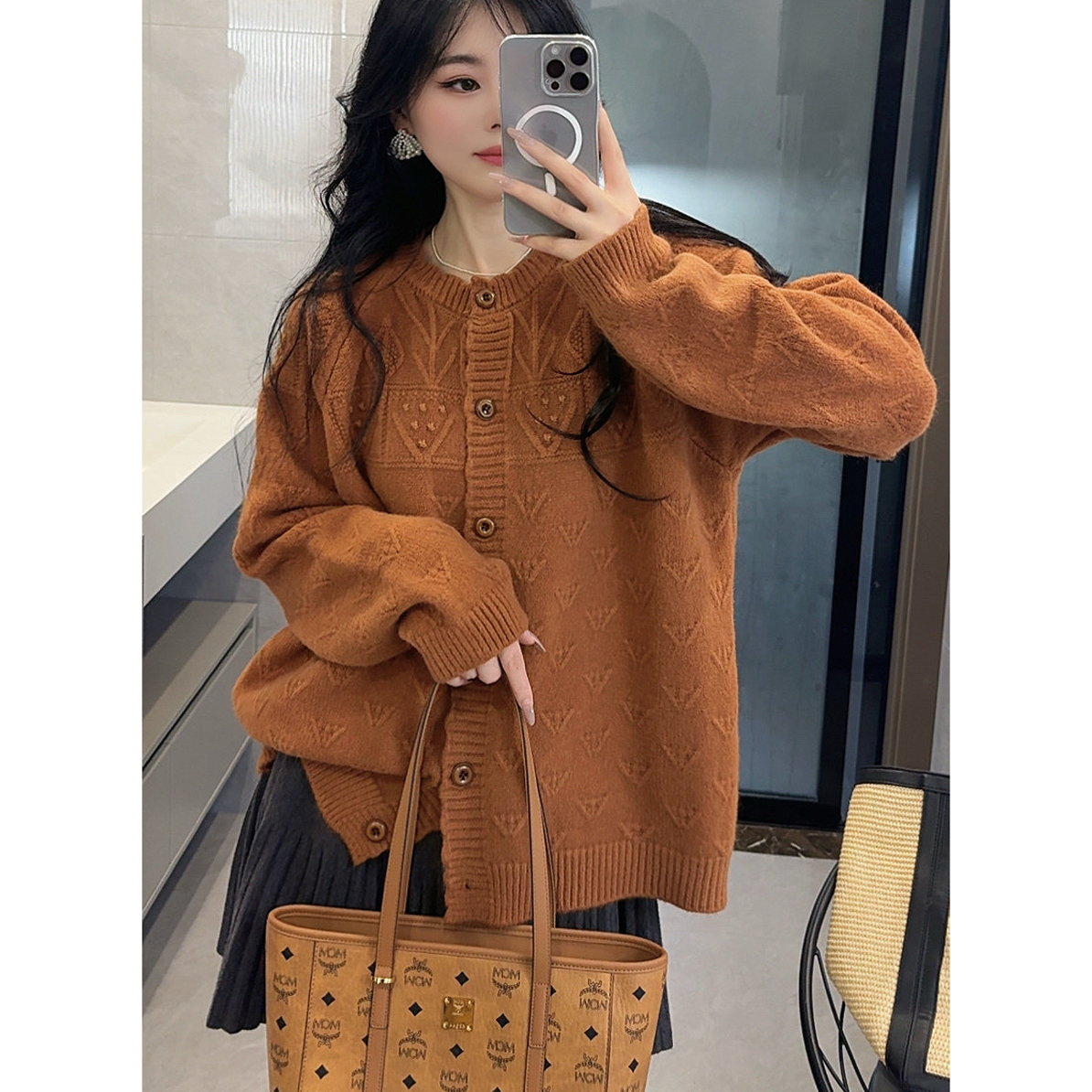 《大橙子》森系文艺感～复古宽松慵懒风厚实毛衣针织开衫上衣外套女