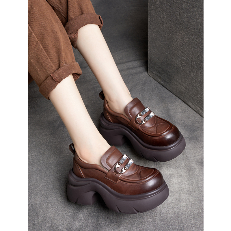 2025秋季英伦风圆头牛皮厚底单鞋一脚蹬坡跟轻便乐福鞋