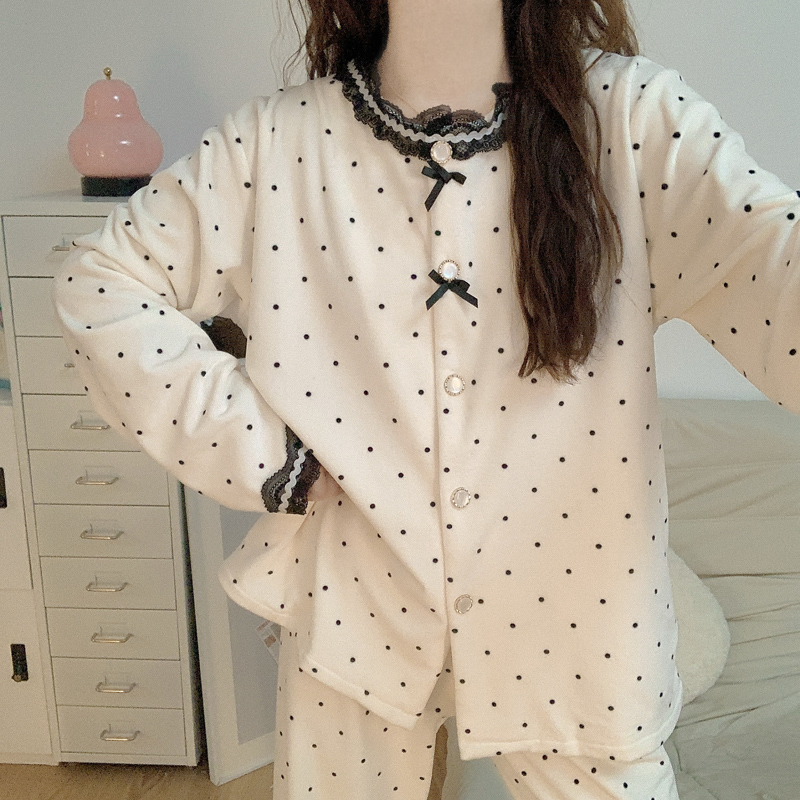 【加厚海岛绒】公主风睡衣女款秋冬季珊瑚绒甜美蕾丝波点家居服套装