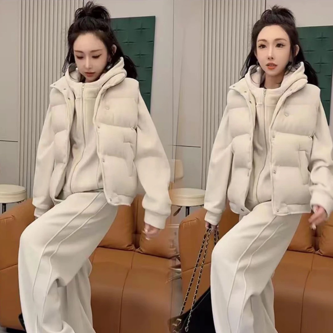 冬季2025高级感流行三件套加绒连帽外套➕马甲➕加绒裤子