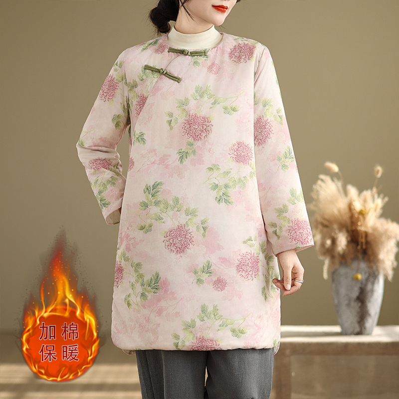 新中式国风斜襟盘扣棉服外套女冬季2025年新款复古中长款加厚棉袄