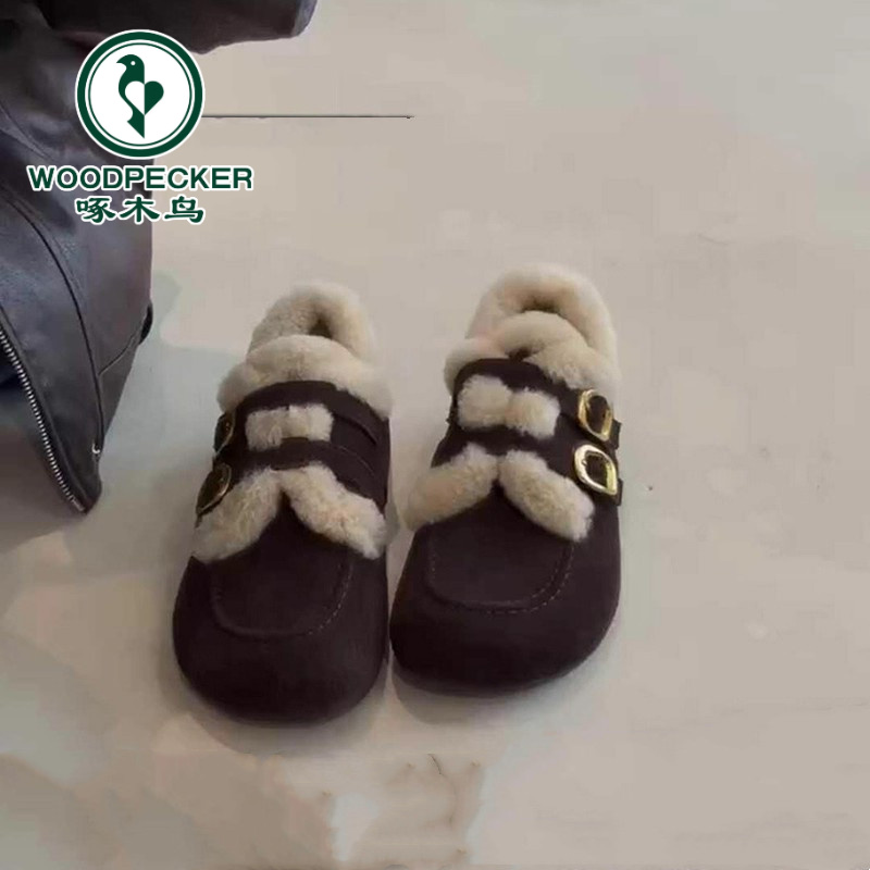 啄木鸟棕色加绒勃肯鞋女2025秋冬季一脚蹬保暖毛毛鞋厚底雪地棉鞋
