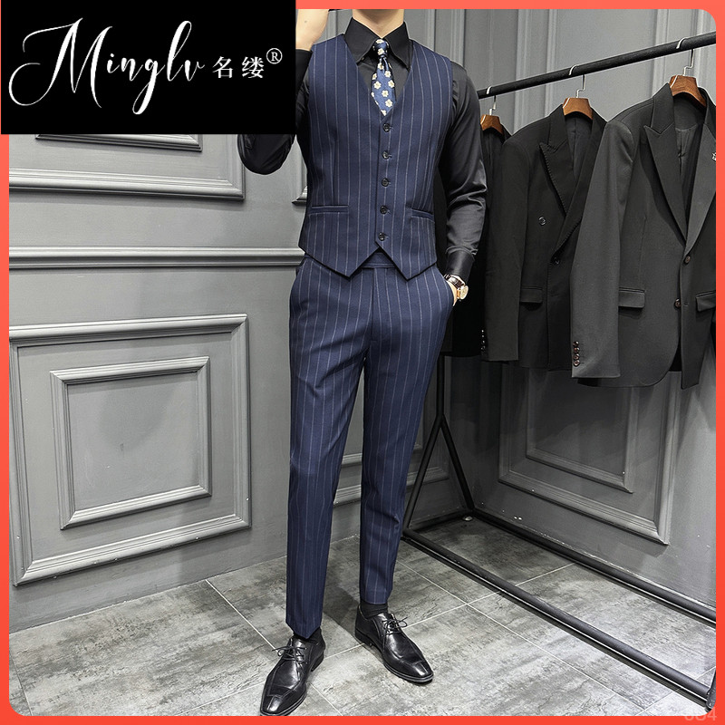 修身正装三件套商务休闲新郎一粒扣条纹西服西装男套装结婚高级感