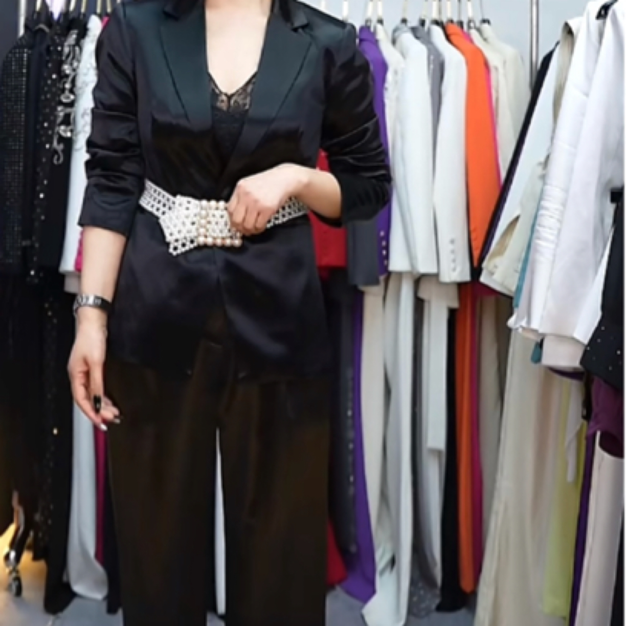 788/新款流行带珍珠腰带醋酸西装套装/清货微瑕