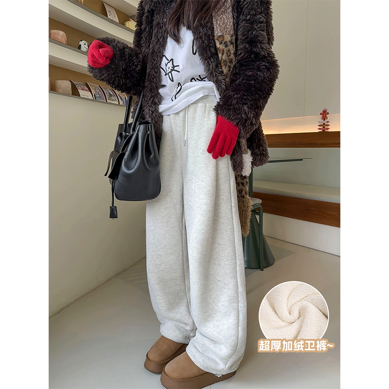 逃屿 【加厚绒卫裤】灰色休闲裤女2025阔腿小个子显瘦运动直筒裤男