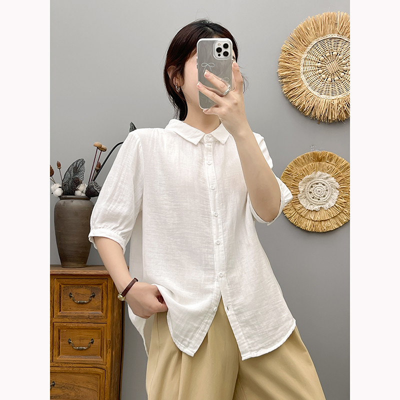 高级感百搭夏季新款双层棉纱女衬衫纯色显瘦洋气潮流小众设计感
