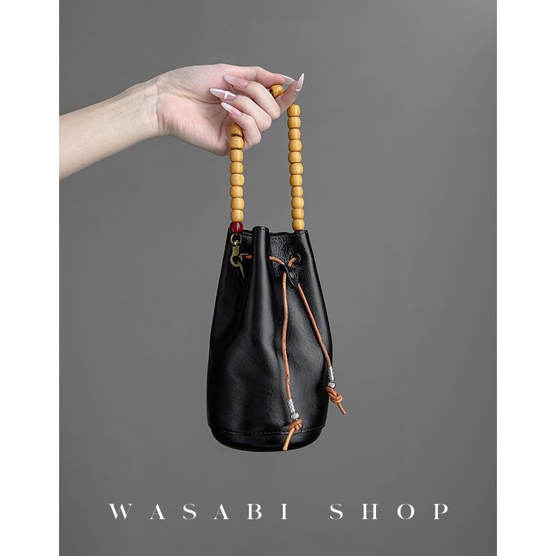 德国法式复古小水桶包头层牛皮串珠福袋抽绳休闲单肩斜挎小包