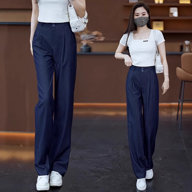 拉夏贝尔阔腿牛仔裤女薄款2025夏日新款垂坠感高腰裤显瘦直筒长款