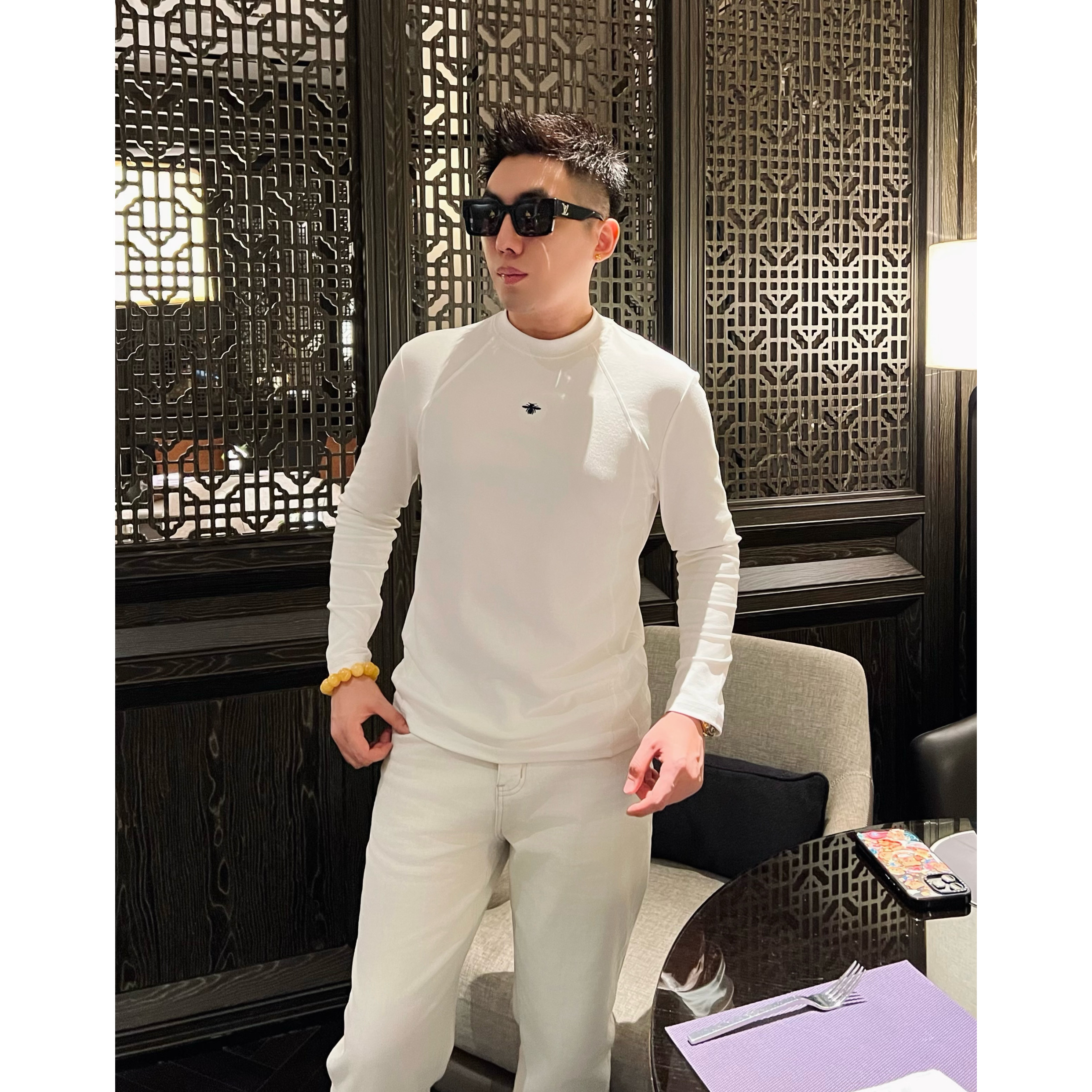 【蜜蜂长袖】秋季莫代尔修身打底上衣蜜蜂刺绣情侣长袖T恤李查德