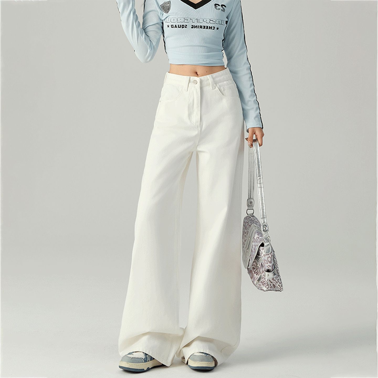 白色韩系百搭牛仔裤高腰直筒显瘦阔腿裤秋季大码梨型身材遮胯长裤