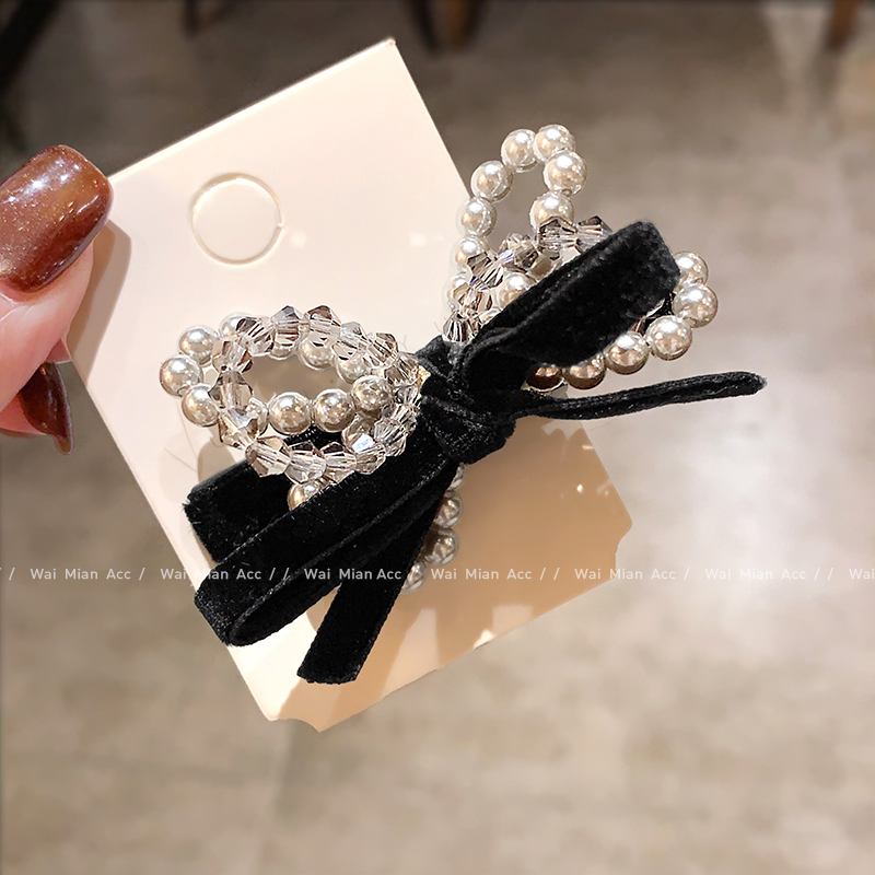 韩版水晶蝴蝶结发夹珍珠鸭嘴夹女高级感植绒刘海夹侧边夹秋冬新款