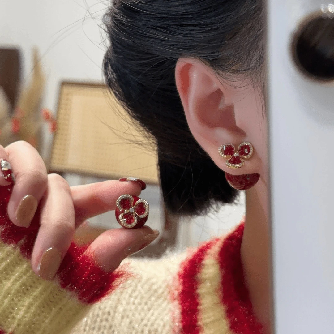 铜合金耳饰 一款两戴经典红色花朵珠珠耳钉RD3103