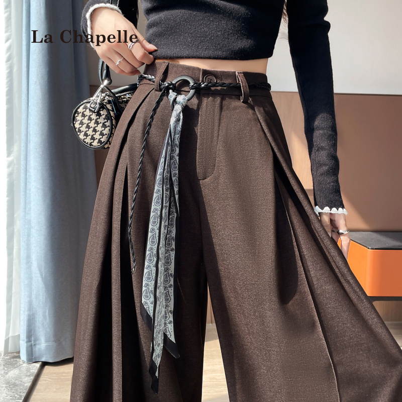 拉夏贝尔西装阔腿裤女秋冬时尚丝巾系带高腰垂感显瘦休闲裤直筒裤