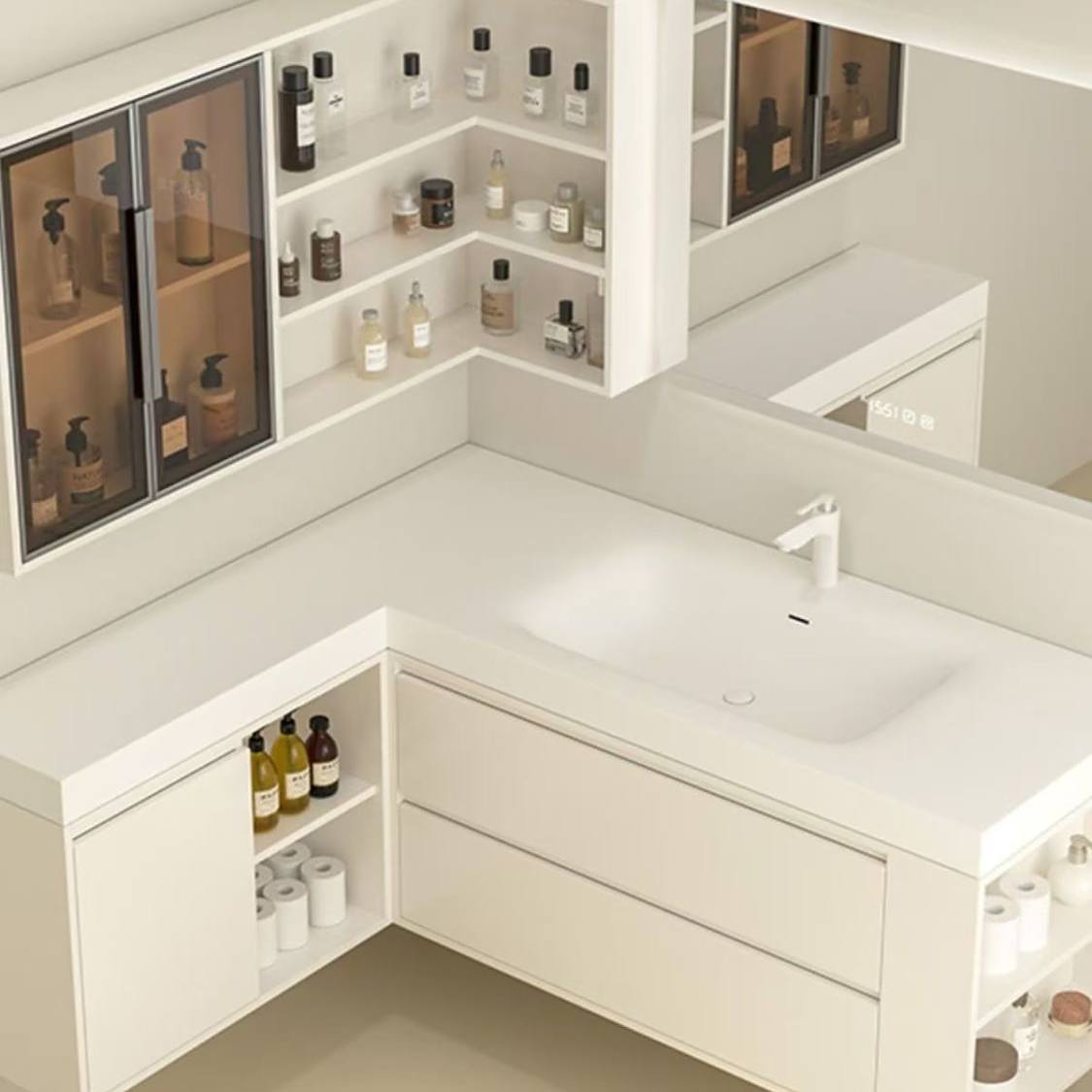 定制现代简约转角L型岩板热弯洗脸洗手盆卫生间洗漱台浴室柜组合