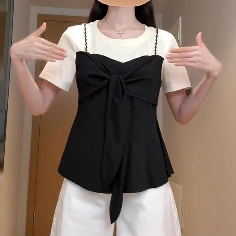 小众不规则上衣夏季薄款胖MM大码女装蝴蝶结系带假两件短袖T恤女