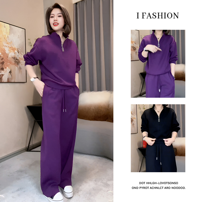 高含棉慵懒风休闲套装女2026年春秋新款半拉链上衣阔腿裤两件套