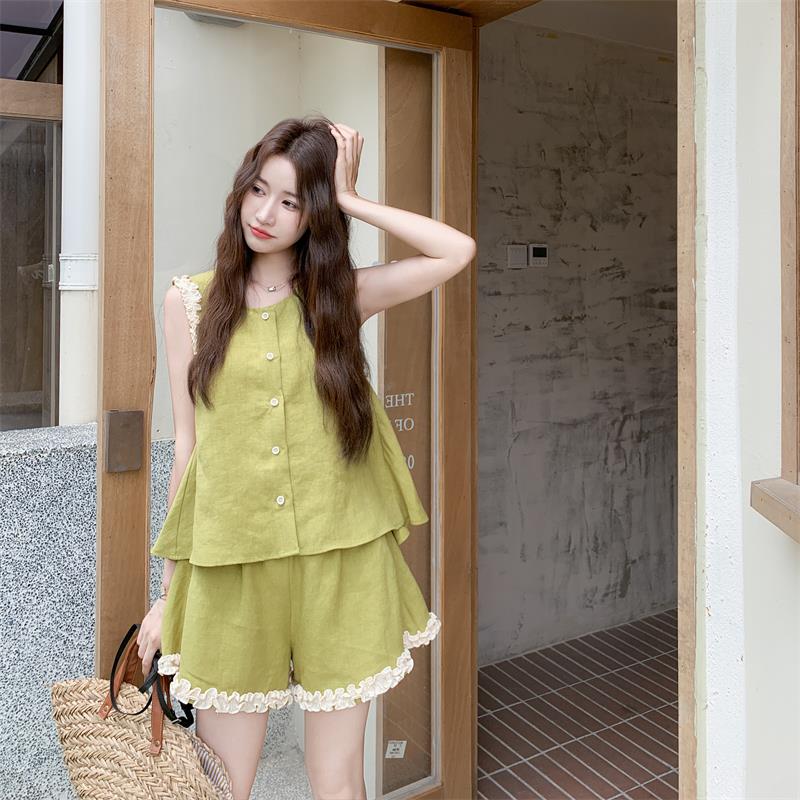 韩系减龄时尚套装裤女夏装气质花边无袖上衣衬衫+阔腿短裤两件套