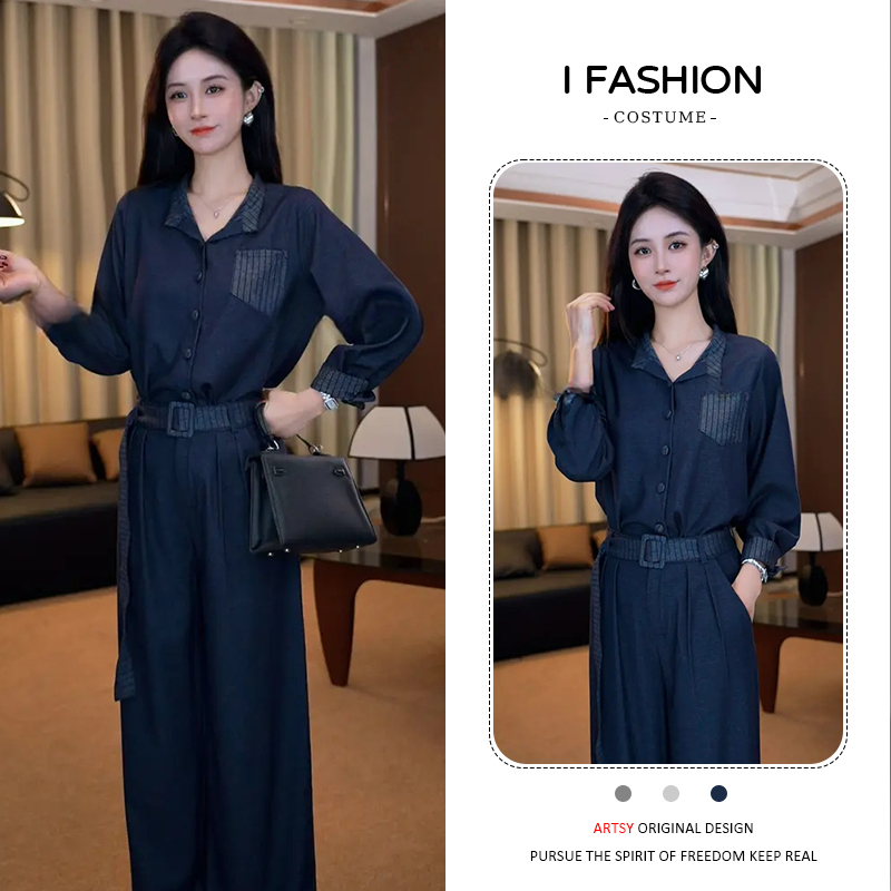 慵懒风时尚百搭套装女2025春秋新款宽松翻领长袖上衣阔腿裤两件套