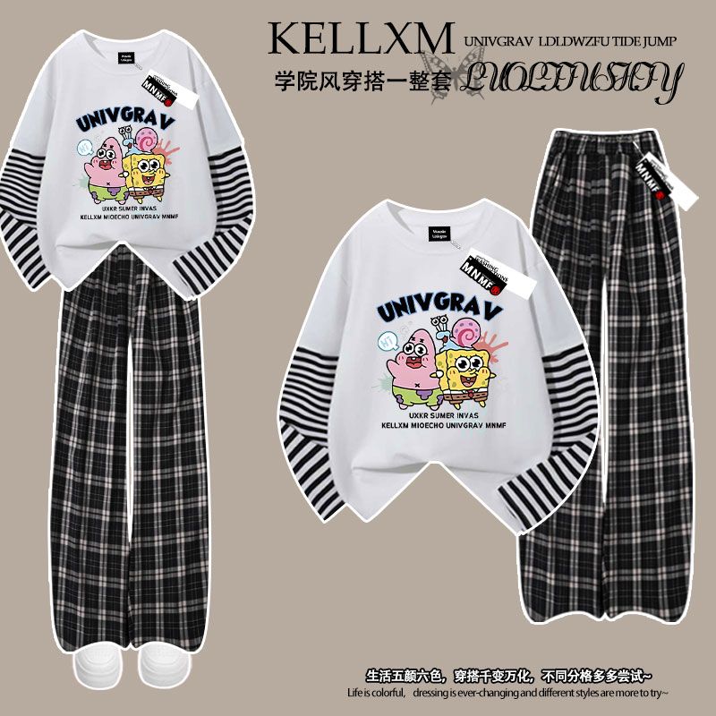 春秋海绵宝宝印花100%纯棉拼接长袖t恤格子裤套装男女童两件套潮