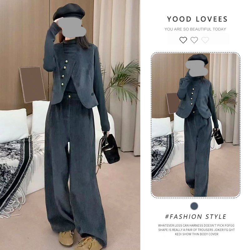 2026超火春秋套装女设计感轻熟风圆领马甲长裤三件套灰色时尚套装