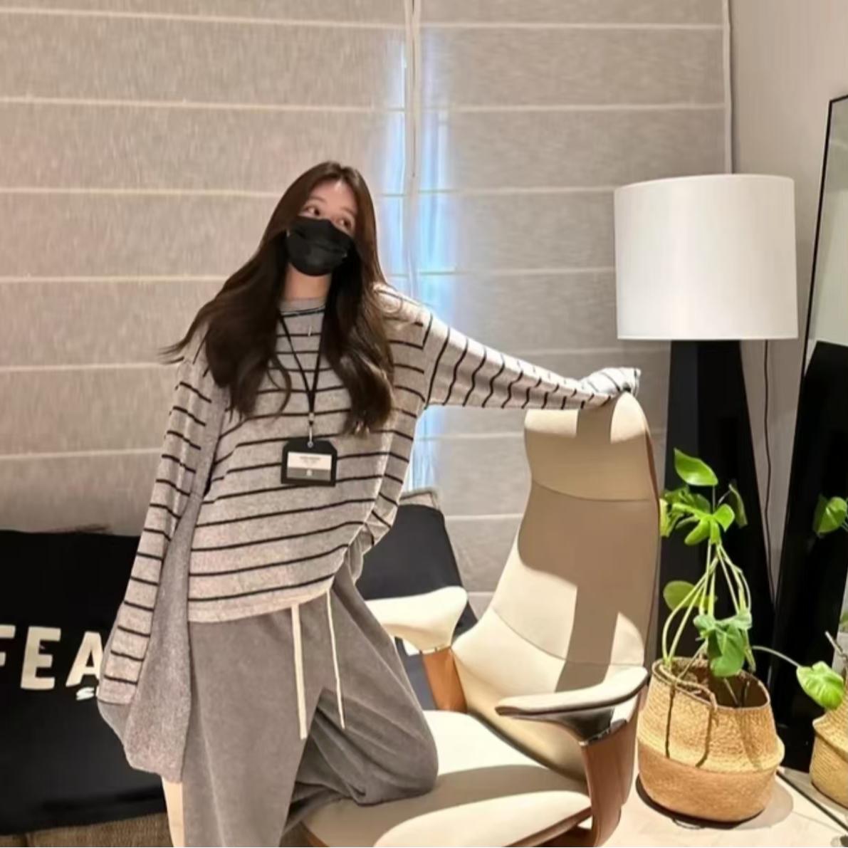 （有运险）2025韩版条纹磨毛长袖T恤女慵懒宽松显瘦百搭圆领打底衫