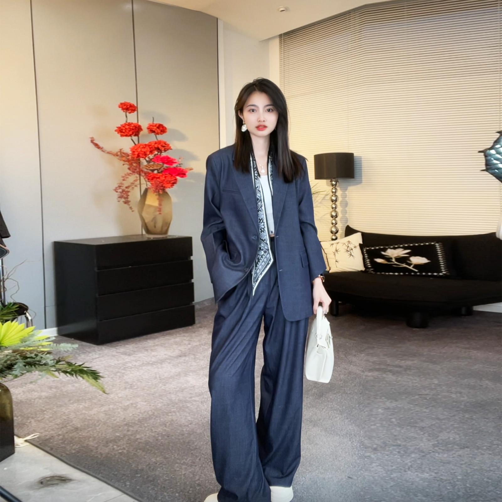 大码秋韩系显瘦高奢名媛西服两件套丹宁蓝胖mm气质高级感西装套装