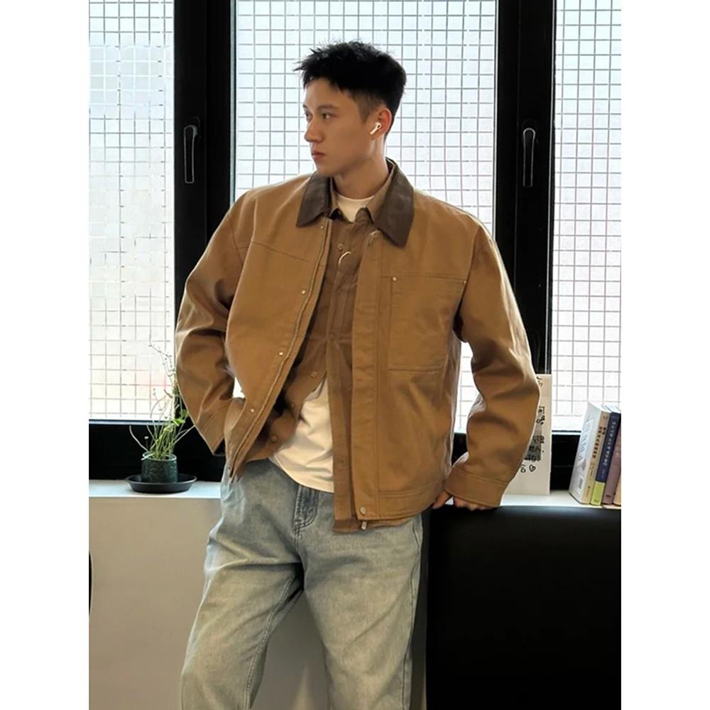 美拉德复古卡其色翻领底特律工装夹克美式短款外套潮牌小众上衣服