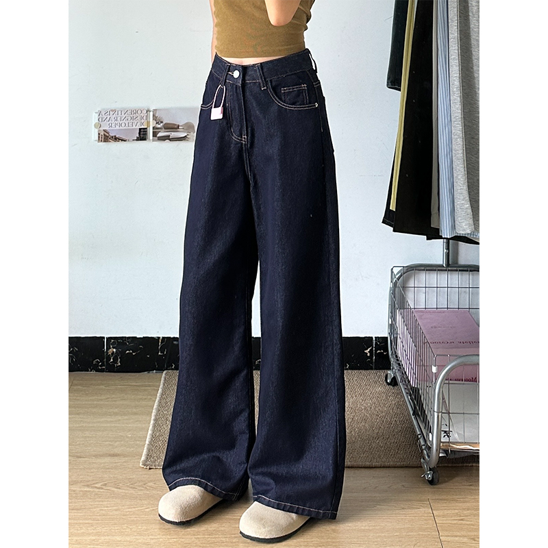 深蓝防褪色天丝阔腿牛仔裤女2025早秋新款复古高腰宽松垂感拖地裤