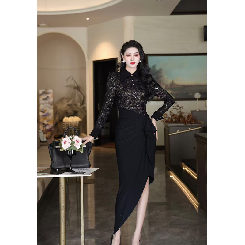 尤克菲儿 轻奢高定蕾丝拼水晶麻印花气质优雅高级修身显瘦连衣裙