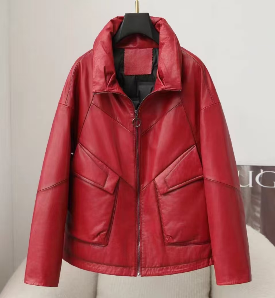 海宁鹅绒短款红色冬季常规立翻领油腊牛皮皮衣女冬时尚百搭