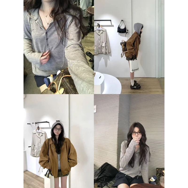 灰色连帽针织长袖T恤女夏季设计感小众休闲气质宽松慵懒显瘦上衣