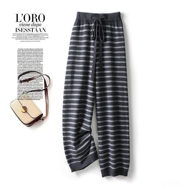 90支高密丨小个子条纹高腰阔腿裤撞色休闲裤子大码卫裤秋冬奶奶裤