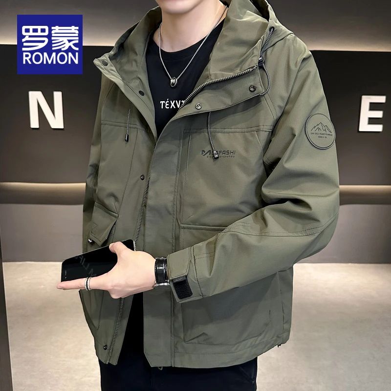 罗蒙2025新款冲锋衣男款春秋潮牌美式户外工装连帽夹克宽松外套男