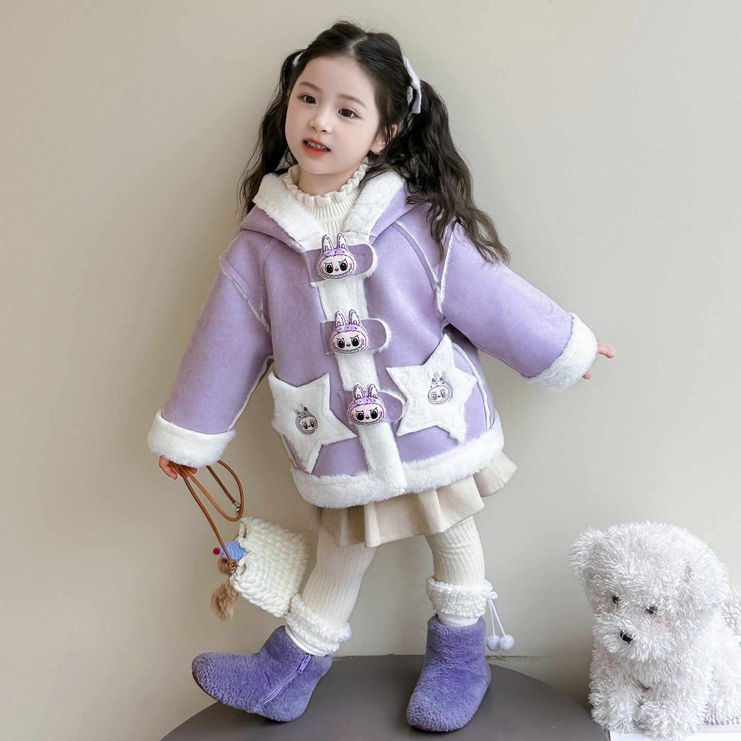 女童加绒外套秋冬款2025新款儿童冬季中长款大衣宝宝麂皮绒上衣