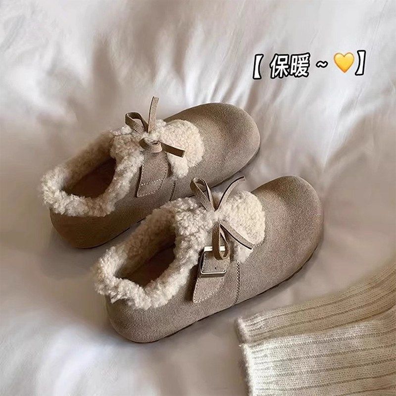 2025新款毛呢勃肯鞋女冬季加绒保暖百搭休闲蝴蝶结魔术贴毛毛鞋