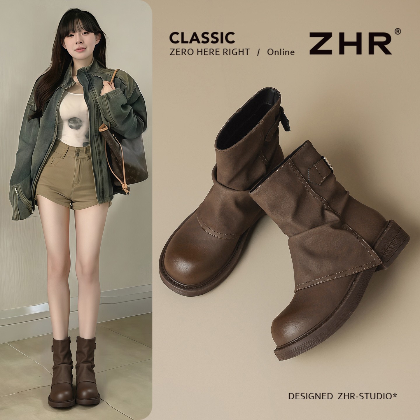 ZHR/则则厚底短靴女2025秋冬复古美拉德西部堆堆靴裤管靴马丁靴女