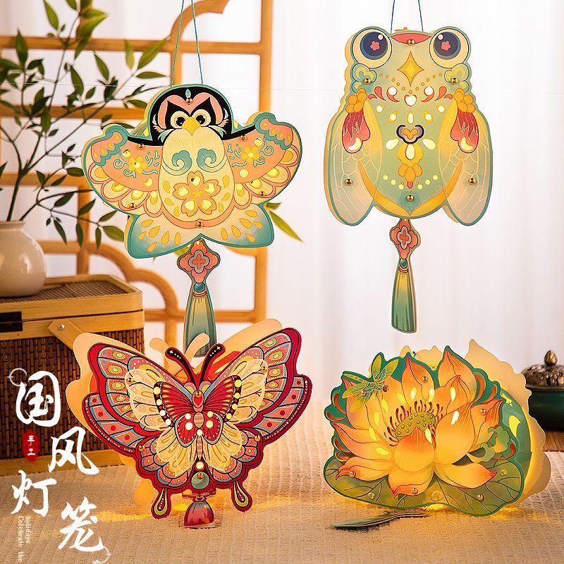 中秋节古风灯笼儿童手提莲花灯网红发光灯笼宫灯手工diy材料包