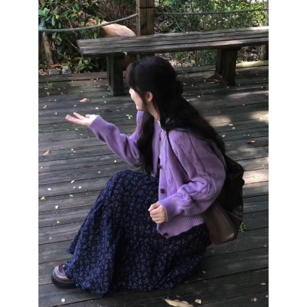 INS CEC韩系慵懒风穿搭紫色针织衫外套女秋季新款碎花半身裙套装