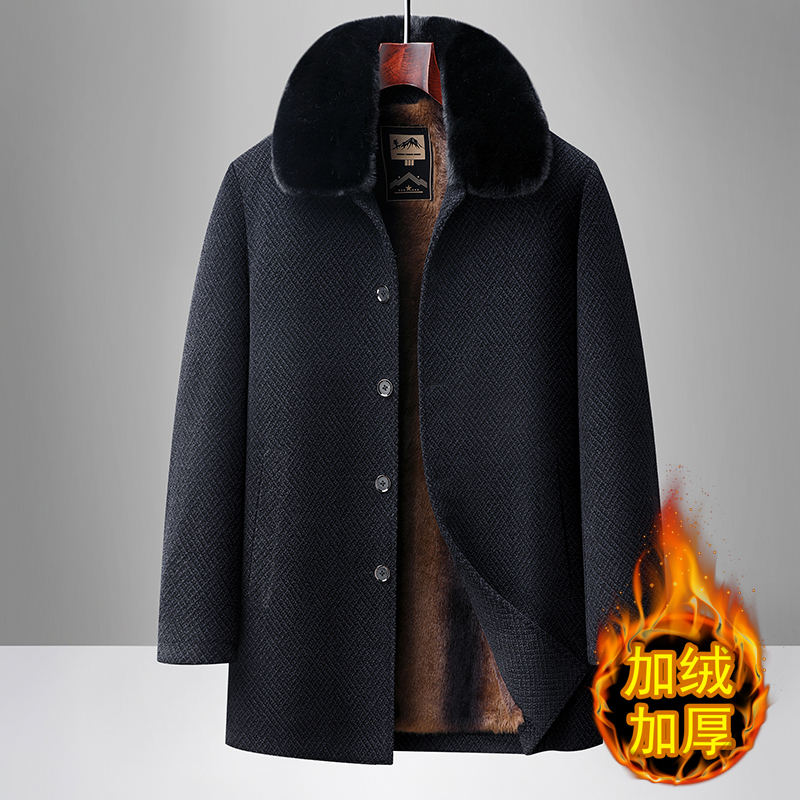 中老年男装加绒大毛领外套冬季中长款爸爸装棉服老年人保暖棉衣服
